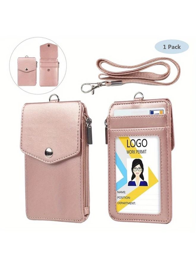 Black Faux Leather ID Badge Holder with Retractable Lanyard 4 Card Slots Zipper Pocket - Image 3
